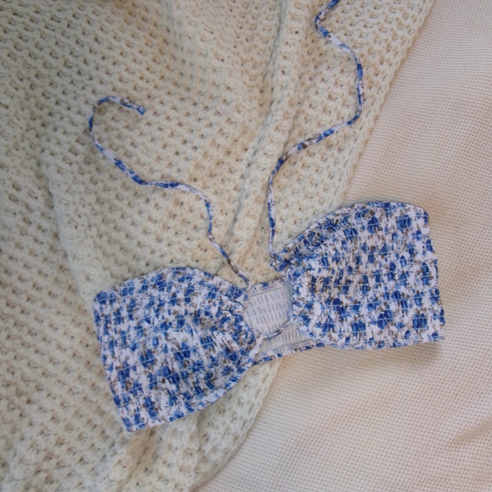 Blue and White Textured Bikini Top